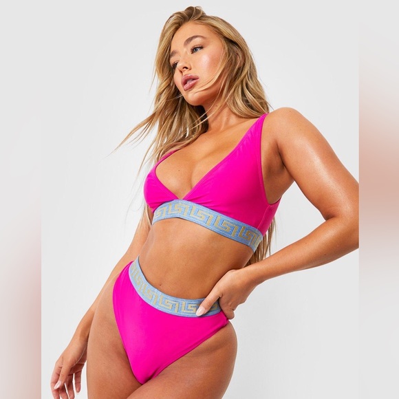 GEO TAPE COLOR BLOCK HIGH WAIST BIKINI SET Bright Pink Size 6 - Picture 1 of 7